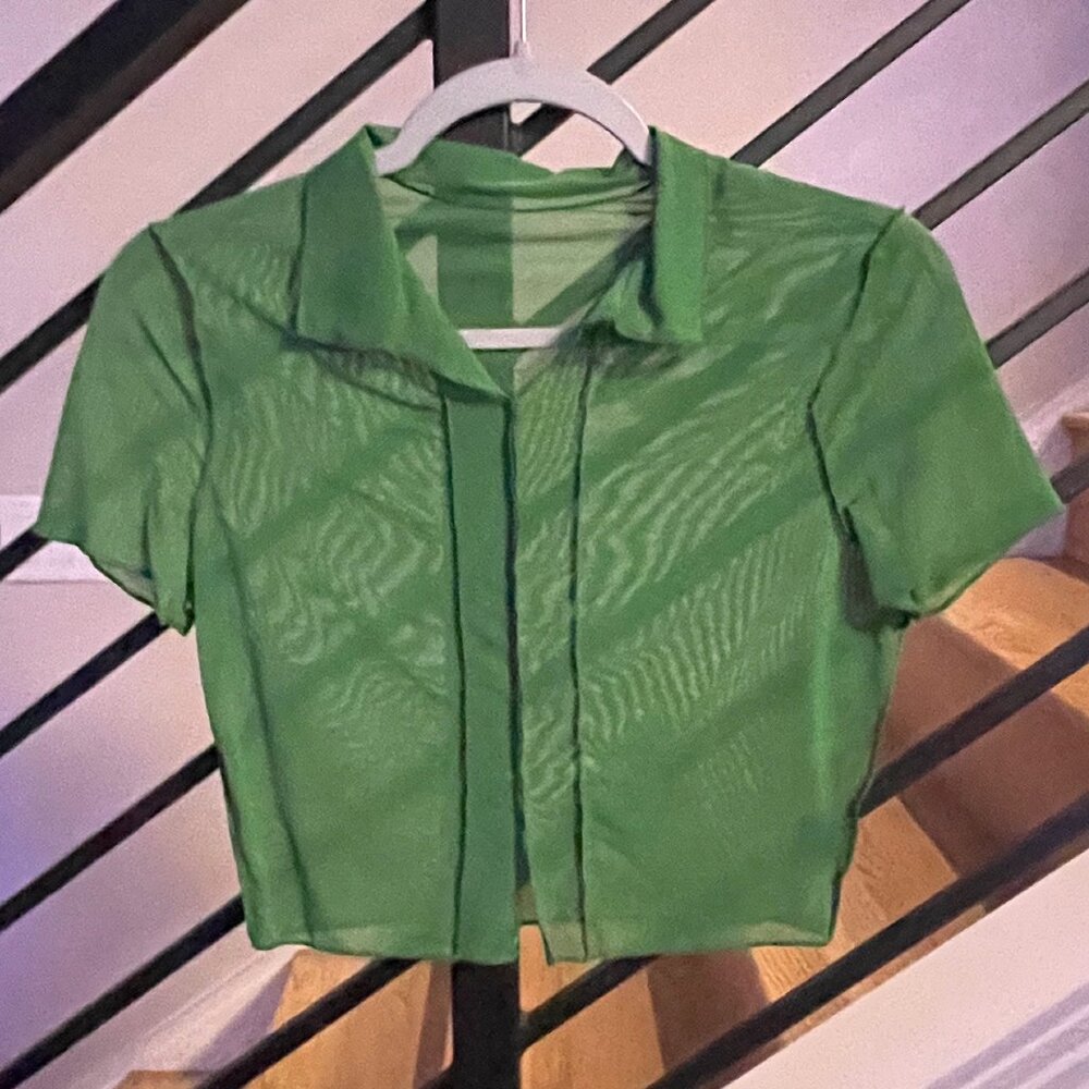 Green Micromesh Multipanel Croptop with Collar